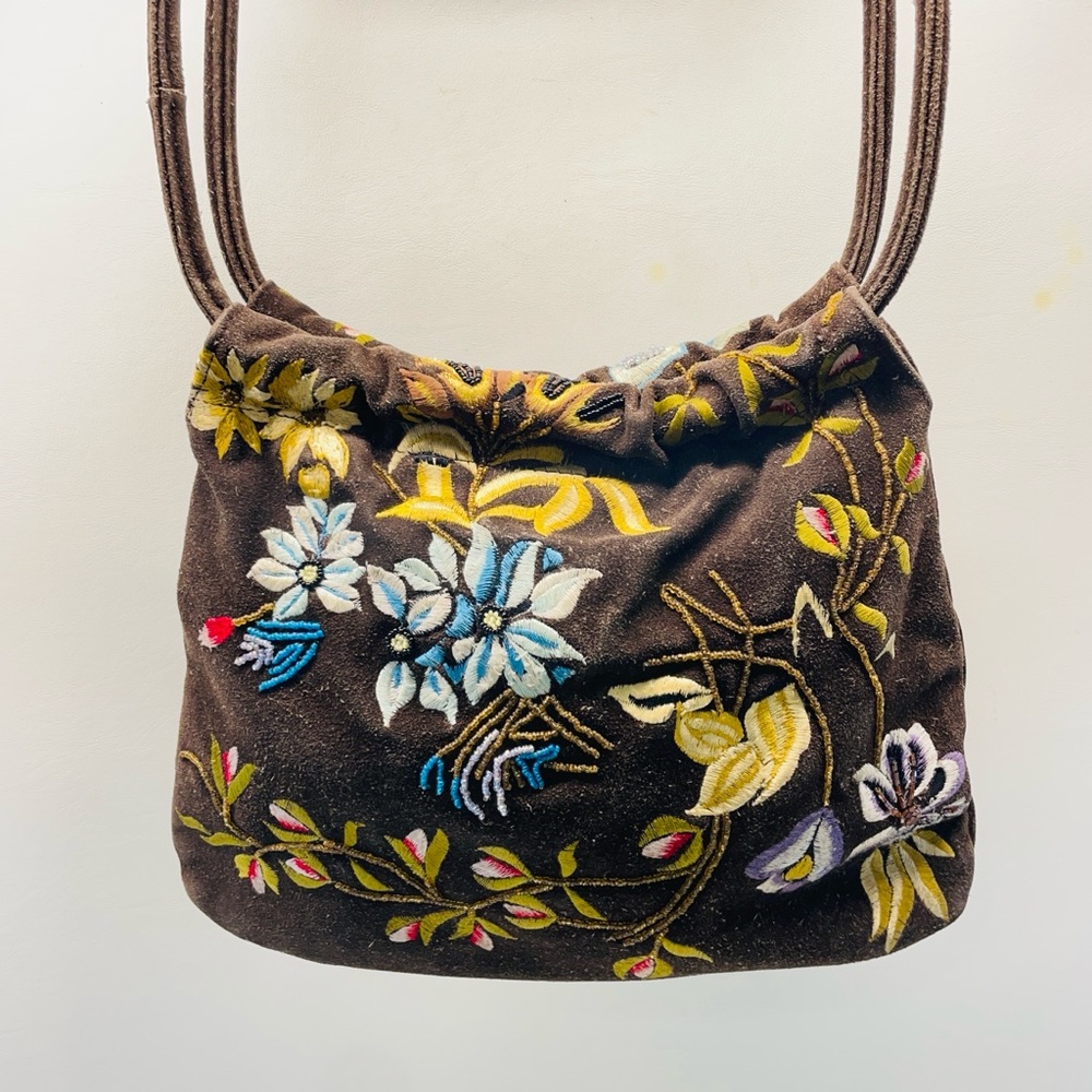 Suede Leather 1970s Beaded and Embroidered Floral Bag